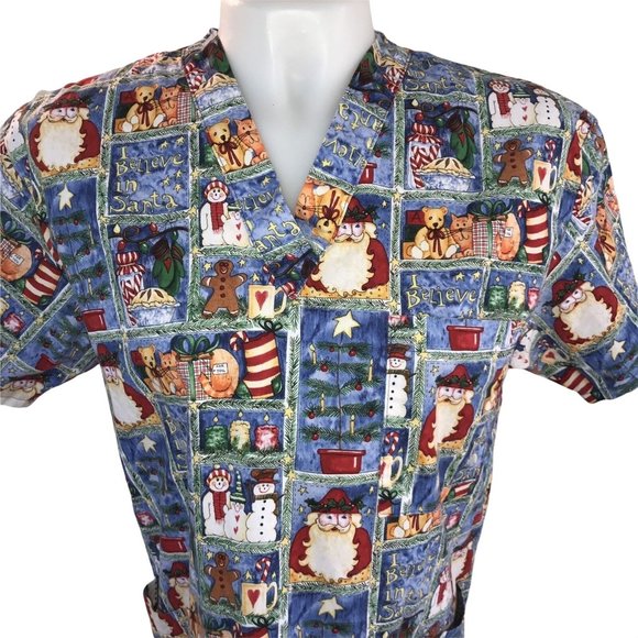 Santa I Believe Christmas Snowman Bear Gingerbread Star Scrub Peaches XS Women - Picture 1 of 11